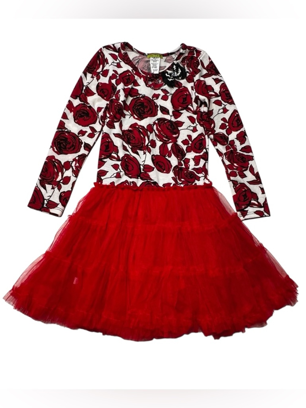 Little Mass Red and Black Floral Top with Rhinestone Accents